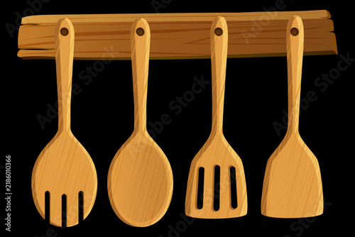 Set of four wooden kitchen utensils hanging on a wooden rack with kitchen tools cooking utensils kitchen decor utensil set culinary tools wooden spoon home cooking equipment