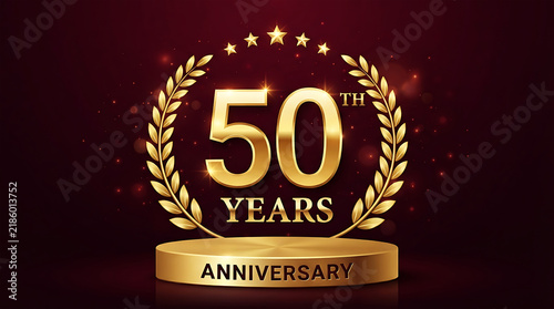 Golden fiftieth anniversary emblem with laurel wreath and sparkling elements