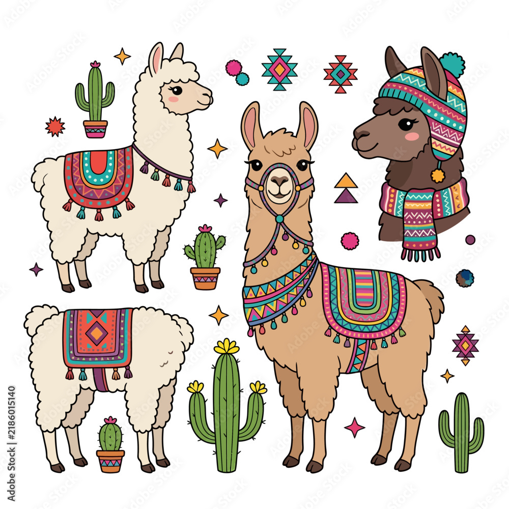 Fototapeta premium Charming Kawaii Llamas And Cacti With Colorful Andean Patterns