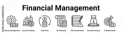 Financial Management web banner icon vector illustration concept for business with icon of Money Management, Income Tracking, Cash Flow, Tax Planning, Risk Assessment, Financial Literacy.