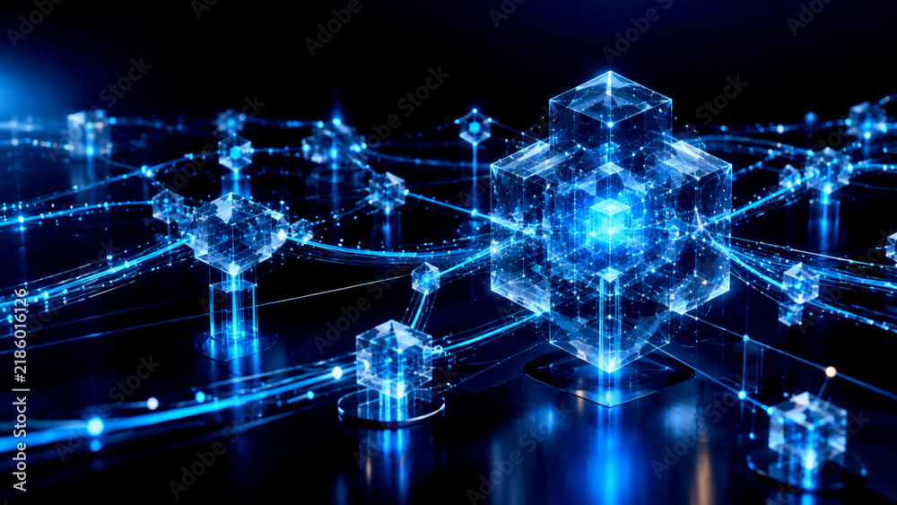 Obraz premium Blockchain network 3D illustration of glowing glass cubes and interconnected digital data streams on dark background