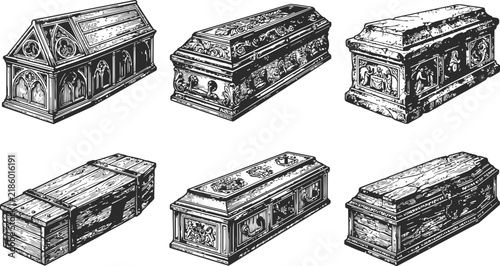 Obraz na plátně Six ornate sarcophagi presented in a decorative engraving vintage style against