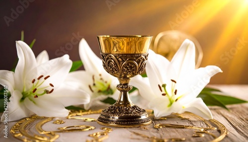 Golden Communion Chalice and White Easter Lilies Under Divine Sunlight