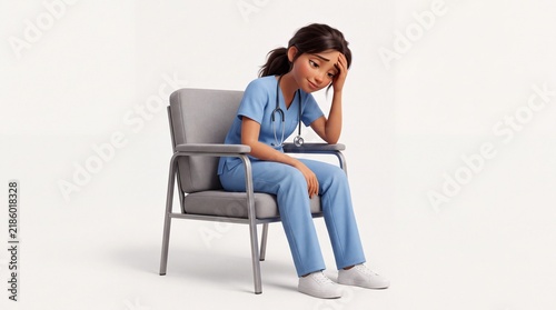Exhausted young cartoon nurse wearing blue medical scrubs sitting on chair feeling tired and sad
