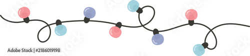 String of colorful Christmas lights with pink, blue and purple glowing lightbulbs attached to curved black wire