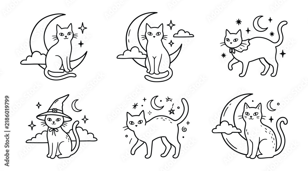 Obraz premium Set of cute black cats with moon, stars, and witch hat