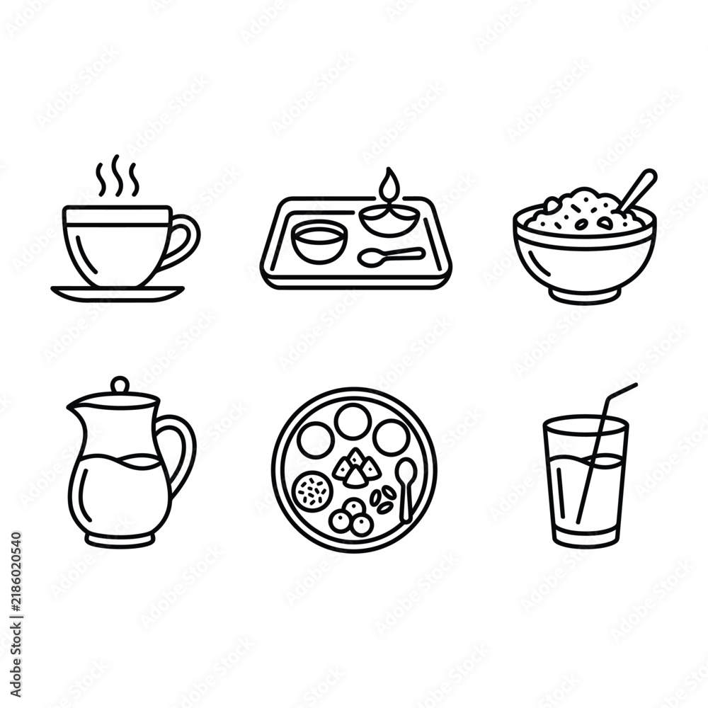 Obraz premium Traditional Indian Food, Dining Thali, and Tea Cup Vector Icons