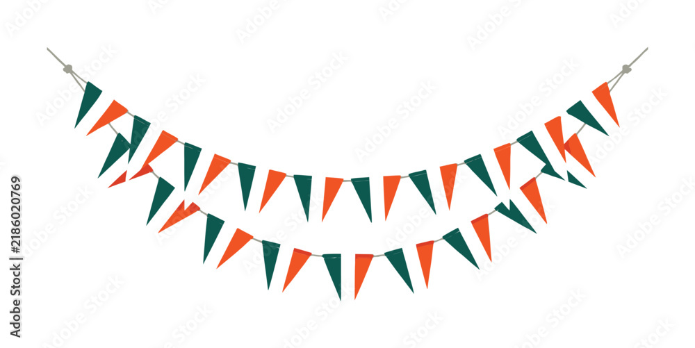 Fototapeta premium Two rows of orange and dark green triangular bunting flags hanging on a string