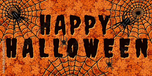 Happy Halloween! Vector illustration of bright text, banner, and header against a backdrop of autumn foliage.