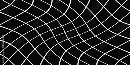 White distorted geometric grid net pattern with curved lines on a solid black background. Futuristic abstract wave texture for modern digital design.