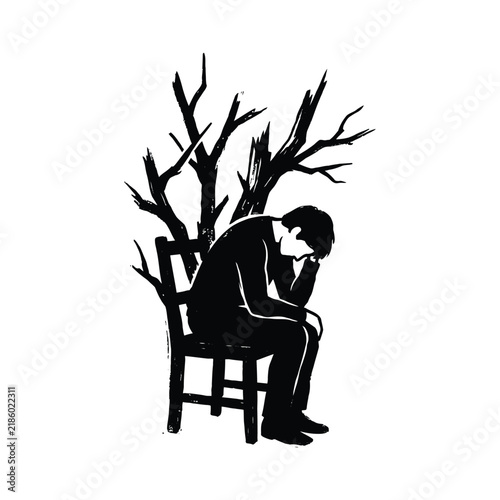 Depressed man sitting alone on a chair under a dead tree with mental health