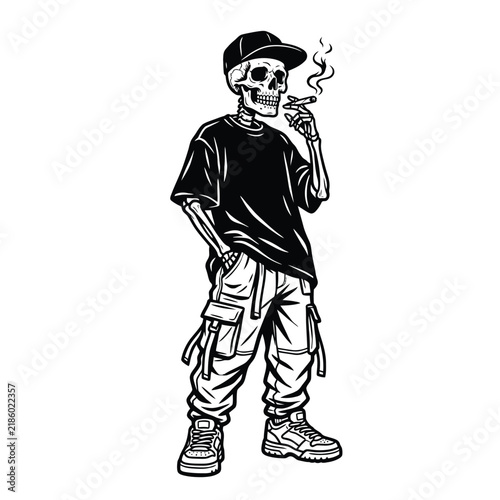 Urban skeleton character wearing streetwear smoking a cigar with urban fashion
