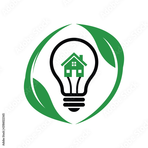 Eco friendly house icon with lightbulb and green leaves