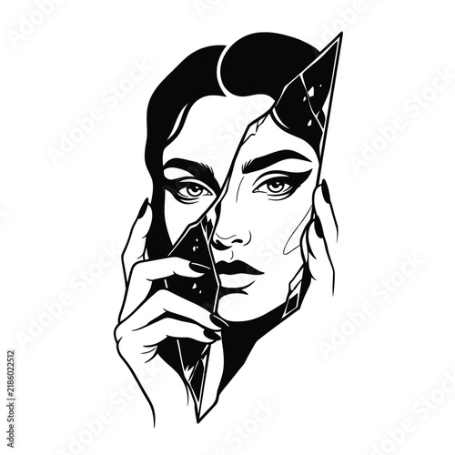 Abstract split face portrait of a woman with geometric mirror reflection