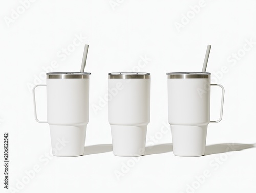 Three white insulated tumblers with handles and straws, against white background