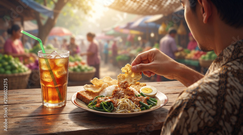 Close up of a man dipping cracker into Javanese Nasi Pecel at traditional market