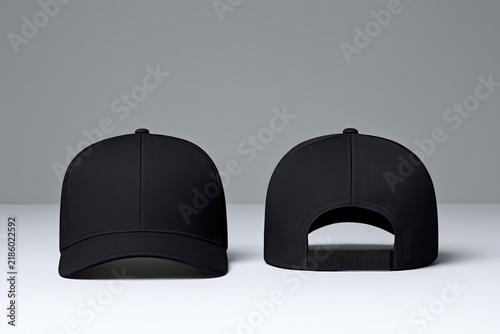 Two black baseball caps displayed from front and back