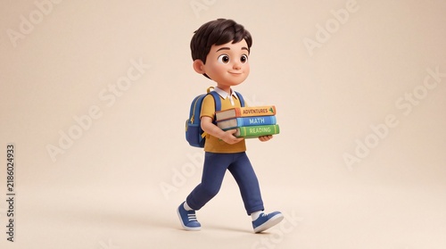 3d cartoon of a young boy walking to school carrying stack of educational books