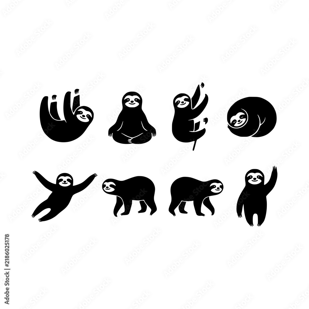 Fototapeta premium Sloths various poses silhouette vector illustration, Sloths poses set silhouette design
