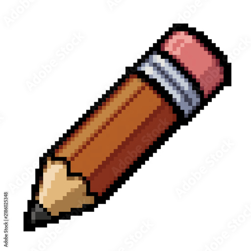 Pixel Art Wooden Pencil with Eraser Isolated