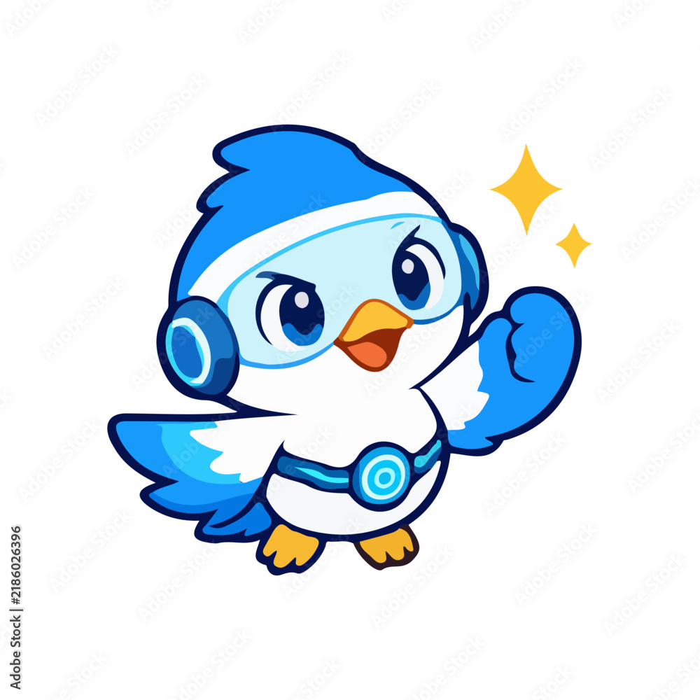 Fototapeta premium Cool bird technology mascot illustration with a simple cartoon style, modern design, smart expression, clean shapes, bold black outline, blue and purple colors, and white background.