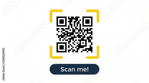 Black and white qr code with a yellow scanning frame and a scan me button with centered white background smart