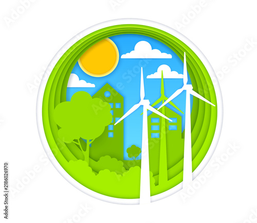 Paper cut wind turbine, sustainable green energy. Vector renewable ecology with city buildings, trees, sun, clouds, and paper landscape in 3d frame. Clean power, nature, alternative energy papercut