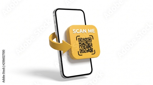 Smartphone featuring a yellow square badge with a qr code and an arrow on a white background with mobile phone