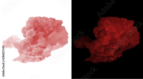 Red smoke explosion on white and black backgrounds, realistic colored dust cloud, abstract crimson steam puff for creative design