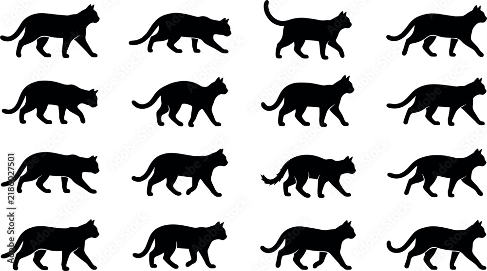 Obraz premium Cat walk cycle movement vector silhouettes set showing step sequence isolated on transparent background for animation character movement design projects