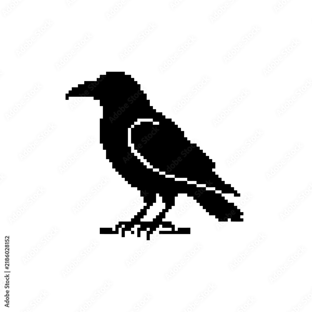 Obraz premium Black pixel art raven perched on branch.