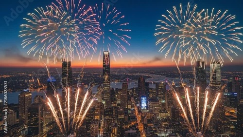 Spectacular Fireworks Display Over City Skyline at Night.