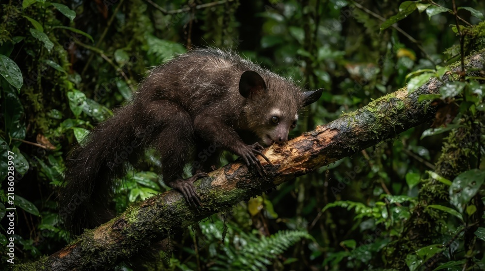 Fototapeta premium Aye-aye on a Mossy Branch: A unique aye-aye, with its distinctive large eyes and slender fingers, cautiously navigates a moss-covered branch deep within a lush, humid rainforest.
