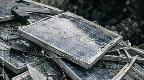 Broken solar panel electronic waste renewable energy environmental pollution damaged equipment metal frame shattered glass outdoor junkyard ecological problem industrial scrap