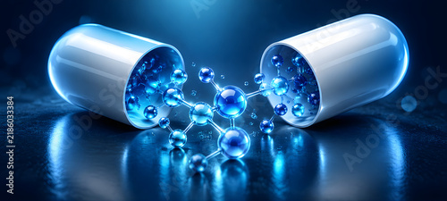 Open Medicine Capsule Showing Blue Molecular Structure for Biotechnology and Medical Research Concept