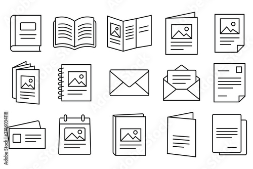 Foto Book and Print Collateral Line Icons Set, Brochure, Catalog, Flyer, Envelope and