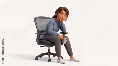 3d cartoon of tired young woman sitting on office chair while holding mug 