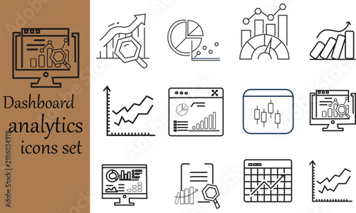 Financial Growth Chart and Business Analytics and Data Dashboard and Business Metrics Thin Line Icon Elements.