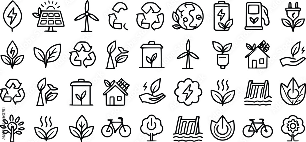 Fototapeta premium Detailed environmental vector illustration set featuring hand drawn icons representing renewable energy sustainable living clean power and global eco conservation