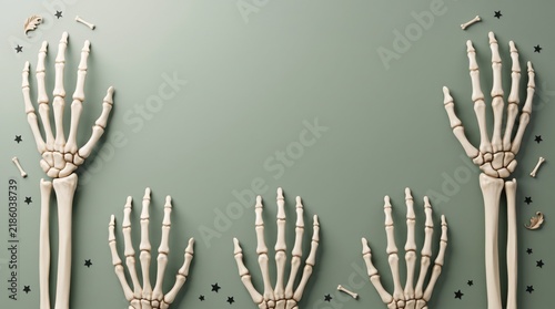 Skeleton Hands Halloween Background with Minimal Green Flat Lay Design and Copy Space for Spooky Holiday Web Banners
