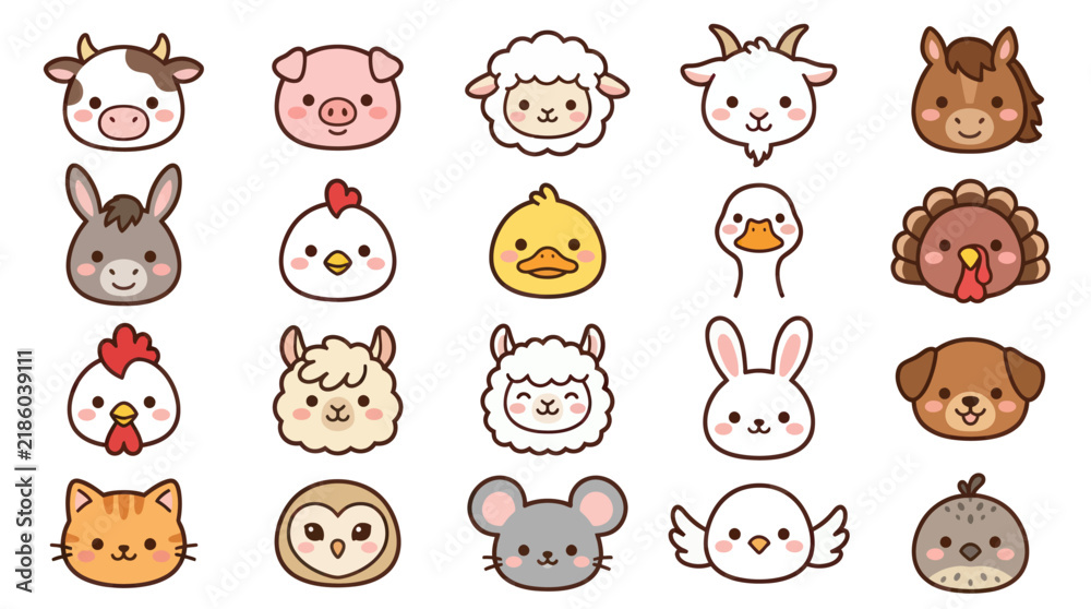 Fototapeta premium Collection of cute farm animal faces