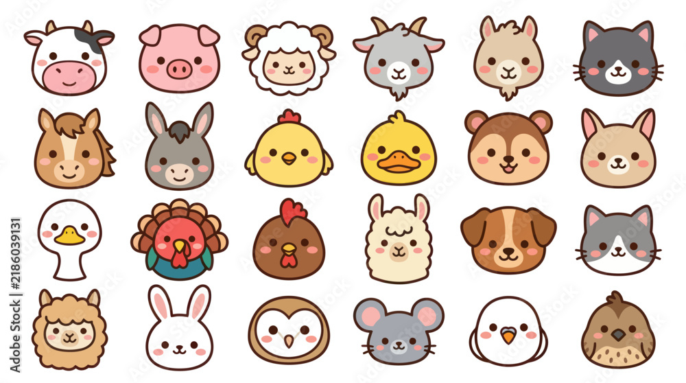 Obraz premium Collection of cute farm animal faces