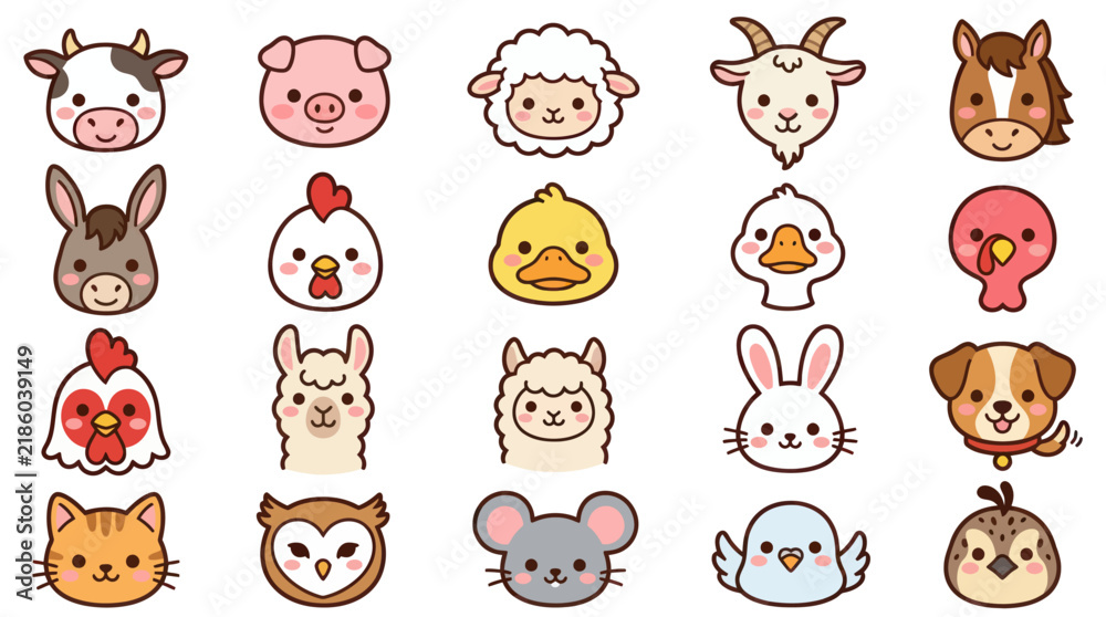 Obraz premium Collection of cute farm animal faces