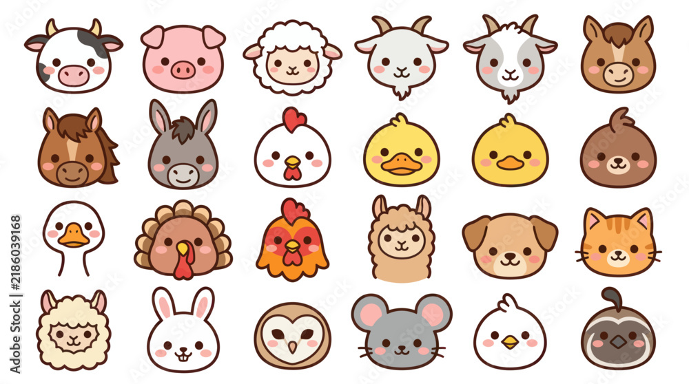 Fototapeta premium Collection of cute farm animal faces