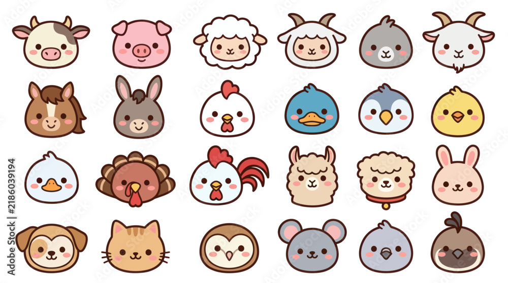 Obraz premium Collection of cute farm animal faces