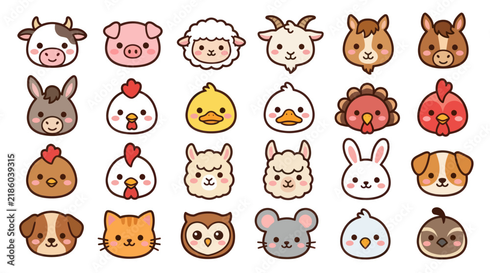 Fototapeta premium Collection of cute farm animal faces