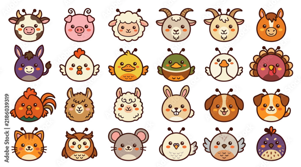 Fototapeta premium Collection of cute farm animal faces