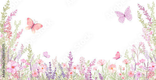 Watercolor Wildflower Floral Border with Butterflies, JPG 14998 x 6121 px, Botanical Garden Wallpaper 300dpi

