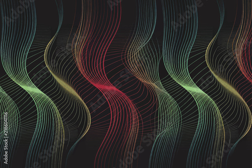 Abstract Vertical Dynamic Wavy Lines Background in Red Yellow Green and Cyan on Dark.