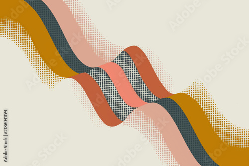Abstract Retro Halftone Wave Ribbon Background in Mustard Yellow Terracotta and Slate Grey.